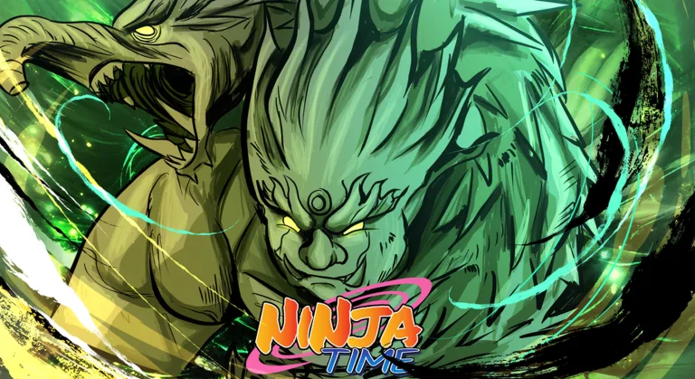 Official Ninja Time art of the green Wood Golem awakening towering beside a wooden dragon