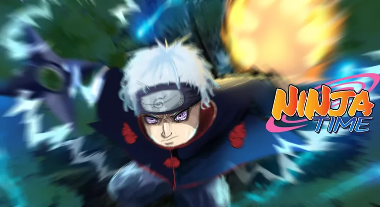 Ninja Time white-haired shinobi dashing through a forest with a spinning energy attack