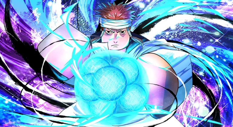 Ninja Time shinobi charging glowing blue chakra orbs amid a purple energy aura